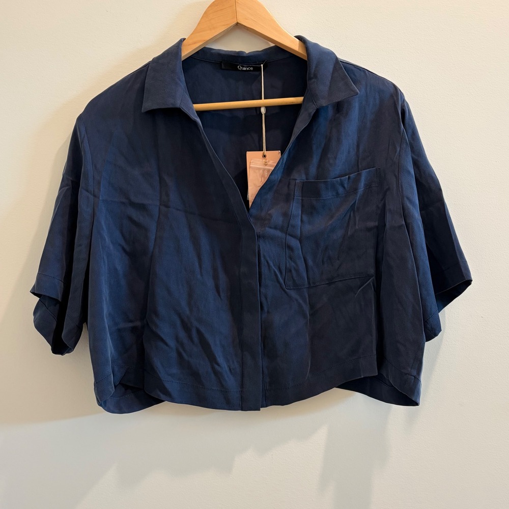 Quince 100% Silk Navy Button-Down Cropped Shirt
